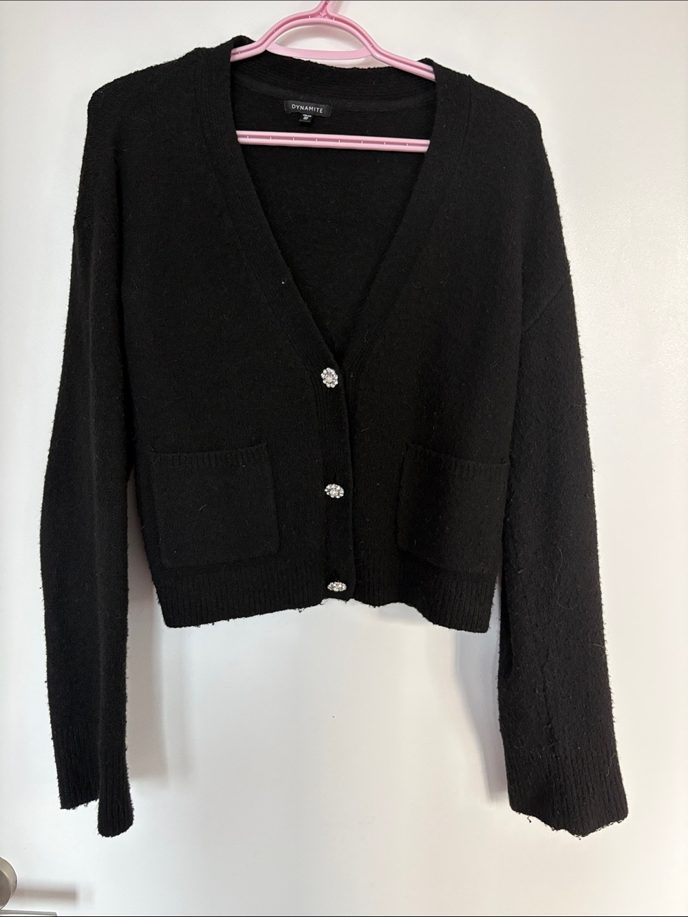 Dynamite heavenly yarn Black Cropped V-Neck Cardigan with Crystal Buttons